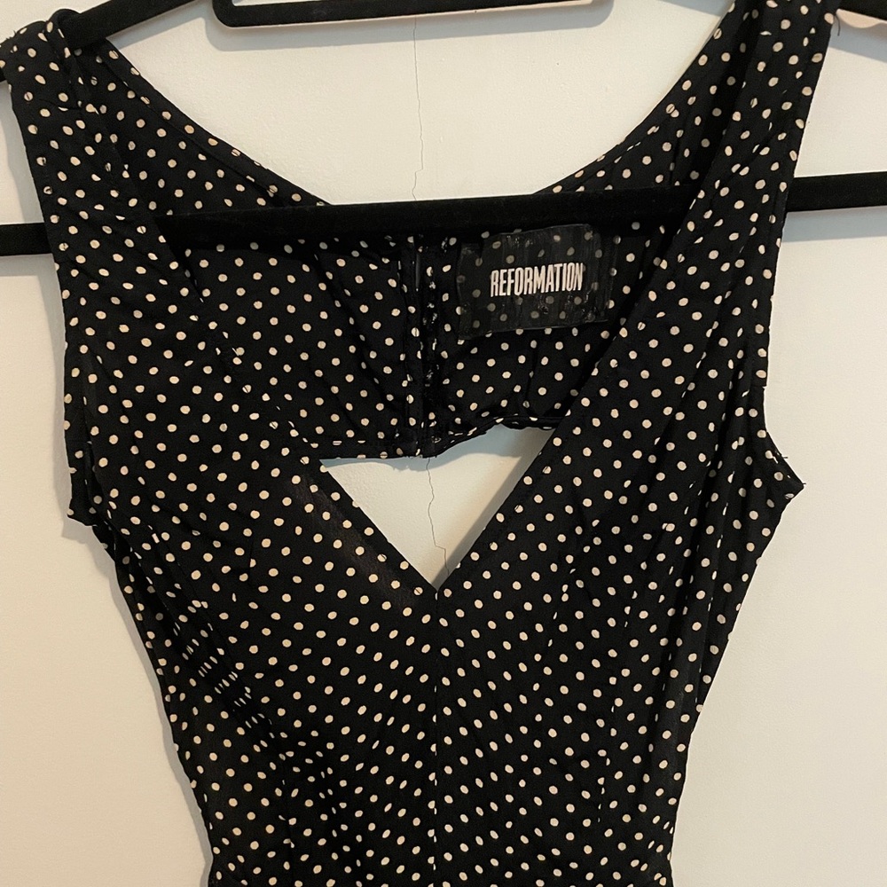 Reformation Black and White Polka Dot V Neck Cut-Out Dress